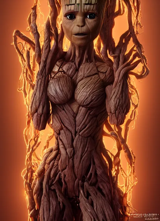 Prompt: female portrait of groot as a belly dancer, au naturel, hyper detailed, digital art, trending in artstation, cinematic lighting, studio quality, smooth render, unreal engine 5 rendered, octane rendered, art style by klimt and nixeu and ian sprigger and wlop and krenz cushart.