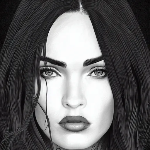 Image similar to “Megan Fox, portrait!!! Portrait based on doodles, lines, monochrome, concept Art, ultra detailed portrait, 4k resolution”