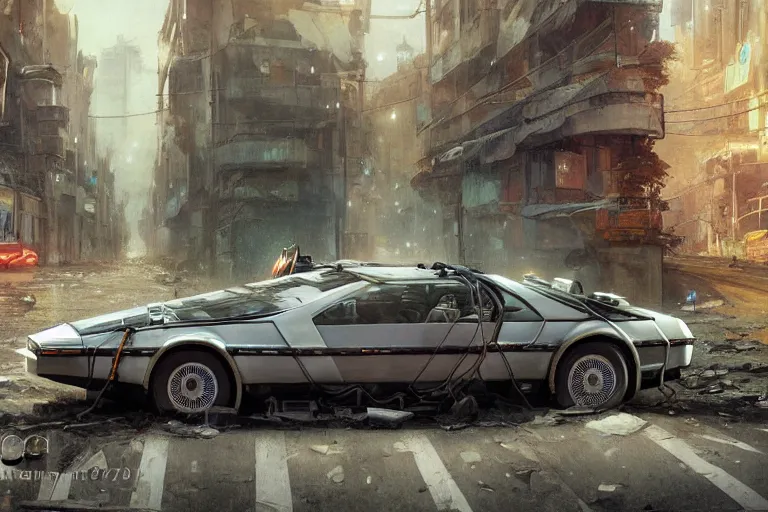 Image similar to photograph of the delorean driving down the streets of a cyberpunk abandoned city, by greg rutkowski, by stanley artgerm, by alphonse mucha