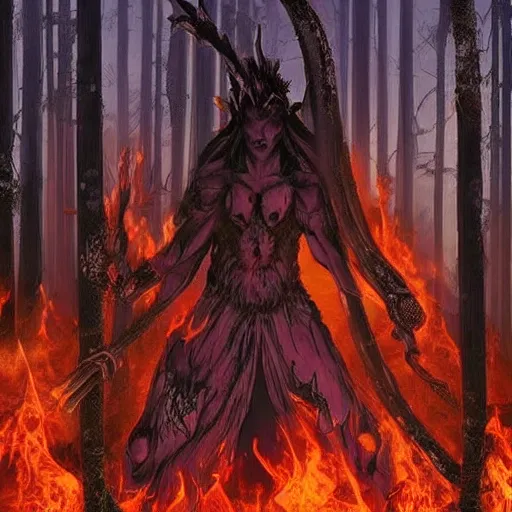 Image similar to a battle between the demon warriors and mages of hell and the angels of heaven in a magical forest. Parts of the forest is burned with charred trees. Lots of holy and damned magic is used