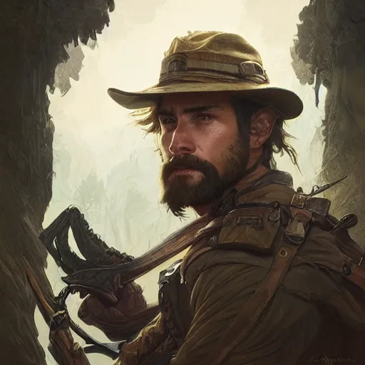 Prompt: portrait of a rugged male ranger, D&D, fantasy, intricate, elegant, highly detailed, digital painting, artstation, concept art, smooth, sharp focus, illustration, art by artgerm and greg rutkowski and alphonse mucha