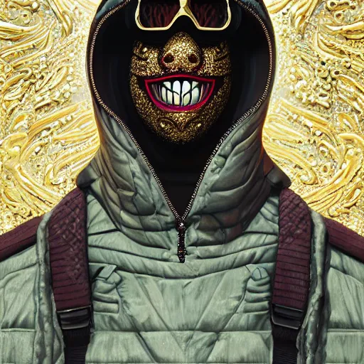 Image similar to portrait_of_a_Thug_with_Gold_Teeth_Smiling_through_Ski_Mask._intricate_abstract._intricate_artwork._by_Tooth_Wu_wlop_beeple_dan_mumford._octane_render_trending_on_artstat