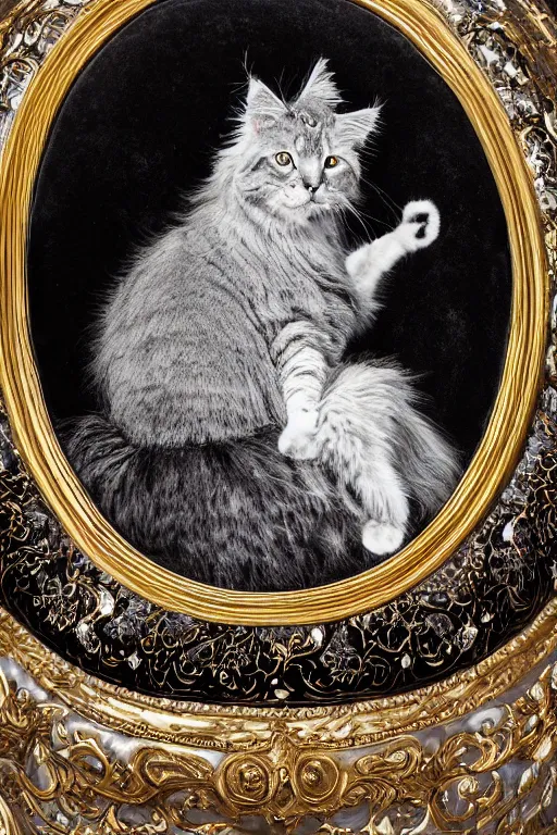 Image similar to a silver gelatin photo portrait of a royal cat, impossibly fluffy, on an embroidered velvet cushion on a neo - rococo gilded little bed, by david lachapelle, photorealistic, photography, wide shot