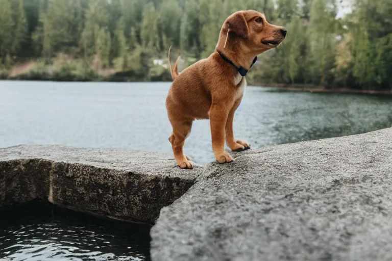 Prompt: an afraid puppy that is looking directly down at the water below while standing at an edge