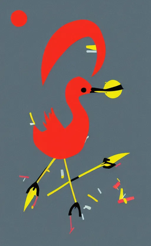 Prompt: poker card style, simple, modern look, colorful, japanese crane bird symbol in center, pines symbols, turchese and yellow and red and black, vivid contrasts, for junior, smart design, backed on kickstarter