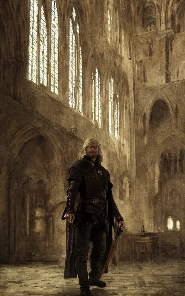 Prompt: mads mikkelsen as vesemir from the witcher inside a church, artstation, by camille corot, cinematic, dramatic, filmic, 8 k, moody lighting, cinematic lighting, insanely detailed and intricate, hypermaximalist, elegant, ornate, hyper realistic, super detailed