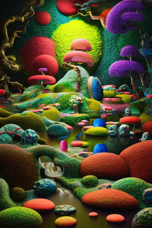 Prompt: japanese psychedelic garden, part by robert beatty, part by james jean, part by ross tran, part by jacek yerka, part by leslie zhang, surreal, highly detailed, beautiful detailed intricate insanely detailed octane render trending on artstation, 8 k artistic photography, photorealistic, volumetric cinematic light, chiaroscuro