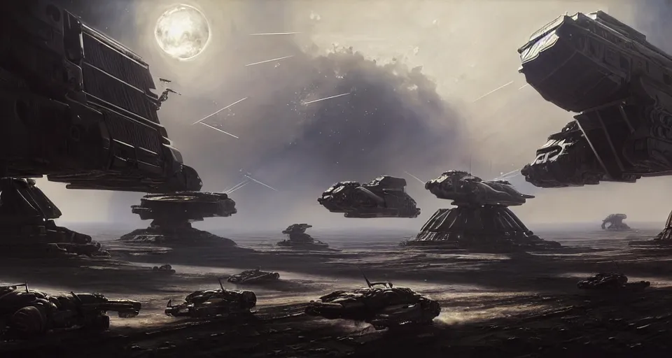 Image similar to hyper realistic sci - fi matte concept art painting of epic cinematic battle between mechwarriors fighting on the moon, guns, missiles, explosions, beautiful details, strong composition painted by kim jung guweta studio rutkowski, james gurney and greg rutkowski, and lucasfilm, smooth, intricate, detailed, sharp focus, cinematic