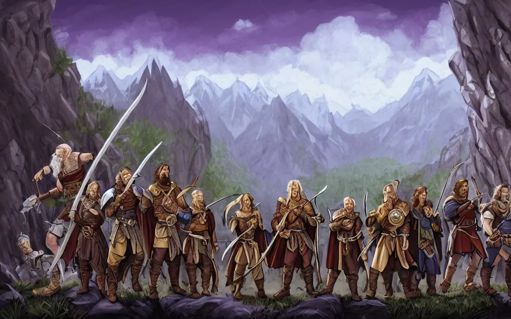 Prompt: DnD party with a wizard, knight, rogue, druid, bard, adventuring across vast rugged mountain range, long sightline, LOTR fantasy illustration
