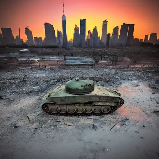 Image similar to low angle shot, tank in front of the destroyed new york skyline, reflections, award winning photograph, sunset, desolate, atmospheric