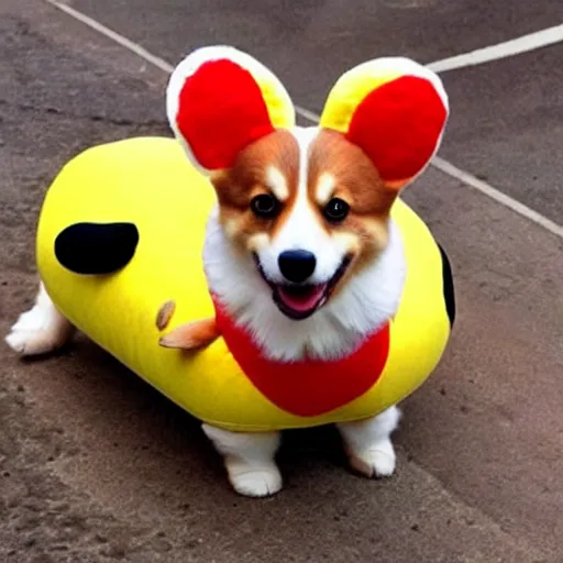 Prompt: corgi in a hot dog costume