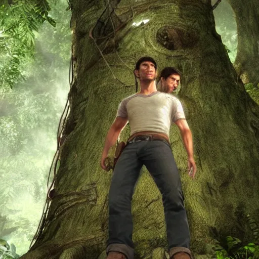 Prompt: young nathan drake finding a large tree, highly detailed