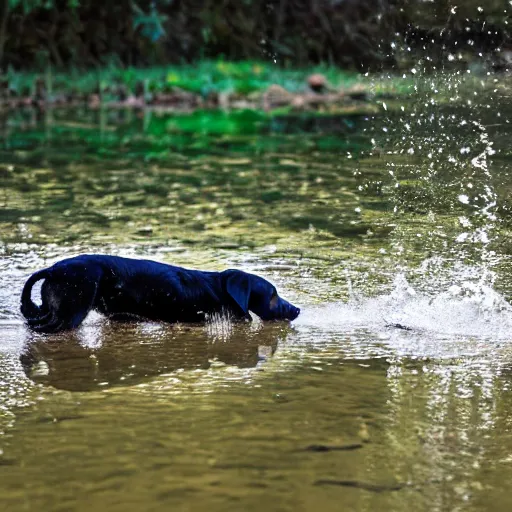 Prompt: black labrador retriever swimming in a creek, high quality, 4 k, photograph