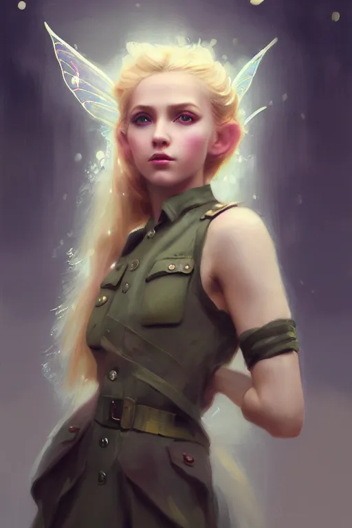 Image similar to cinematic shot of an epic portrait of a cute blonde fairy dressed in military clothes, stylised military clothes, shiny skin, beautiful eyes, beautiful, small details, night setting, realistic poster with volumetric light from jeremy lipkin and michael garmash, craig mallism, artgerm, unreal engine, radiant light, digital art, trends at art station, a masterpiece