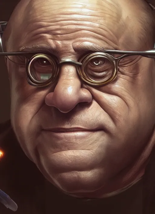 Prompt: Portrait of Danny Devito biopunk scientist with elven ears, He is working on trinkets on a table, realistic, detailed, 4k by Greg Rutkowski Mark Arian trending on artstation
