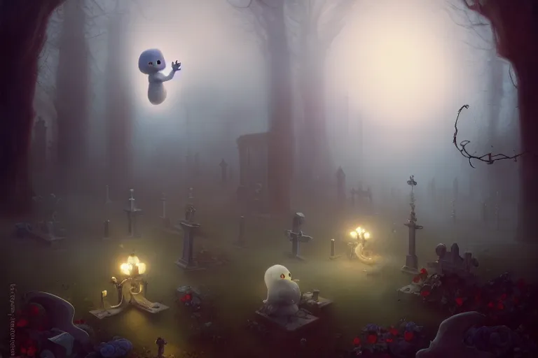 Image similar to casper the friendly ghost flying over a graveyard at midnight, playing with his ghost friends, cinestill, painted by james jean and gaston bussiere, very detailed and cute and cozy and transparent, backlight, fog, mist, trending on artstation