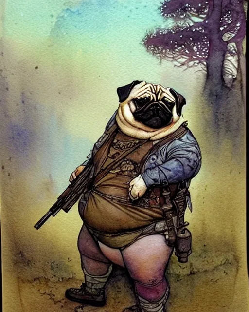 Image similar to a realistic and atmospheric watercolour fantasy character concept art portrait of a fat adorable dirty chibi pug wearing a wife beater and holding a rifle, by rebecca guay, michael kaluta, charles vess and jean moebius giraud