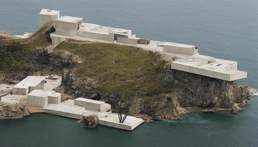 Image similar to big military base perched on a cliff overlooking a magnificient bay, laboratory, drawing architecture, science fiction, pritzker architecture prize, greig fraser