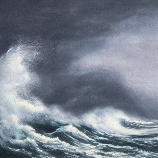 Image similar to A beautiful experimental art of a raging storm at sea, with huge waves crashing against the rocks. The sky is dark and ominous, and the sea is rough and choppy. by Desmond Morris offhand