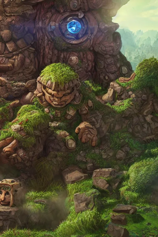 Image similar to zelda fantasy art giant golem troll wood rock greeble gemstone, global illumination ray tracing hdr fanart arstation by sung choi and eric pfeiffer and gabriel garza and casper konefal