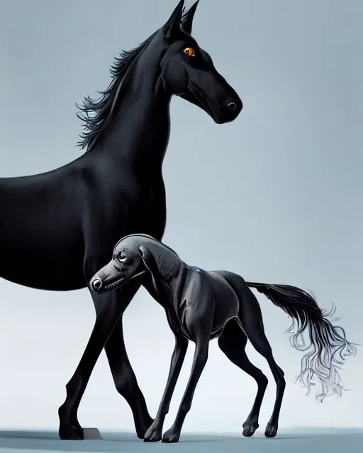 Image similar to painting of hybrid between black weimaraner & black stallion horse! & intercrossed animal, by mattias adolfsson, by tiffany bozic, cold hue's, concept art, single object scene, beautiful composition, 8 k, digital painting