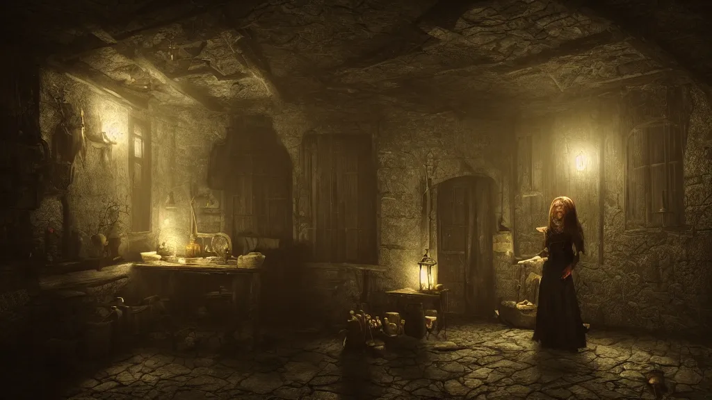 Image similar to A witch in the shadows of a dark decrepit medieval cottage at night, highly detailed interior, hyperrealistic, Octane render, 8k UHD
