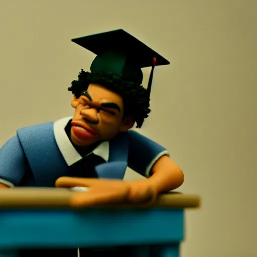 Image similar to a cinematic film still of a claymation stop motion film starring chance the rapper as a college student, shallow depth of field, 8 0 mm, f 1. 8