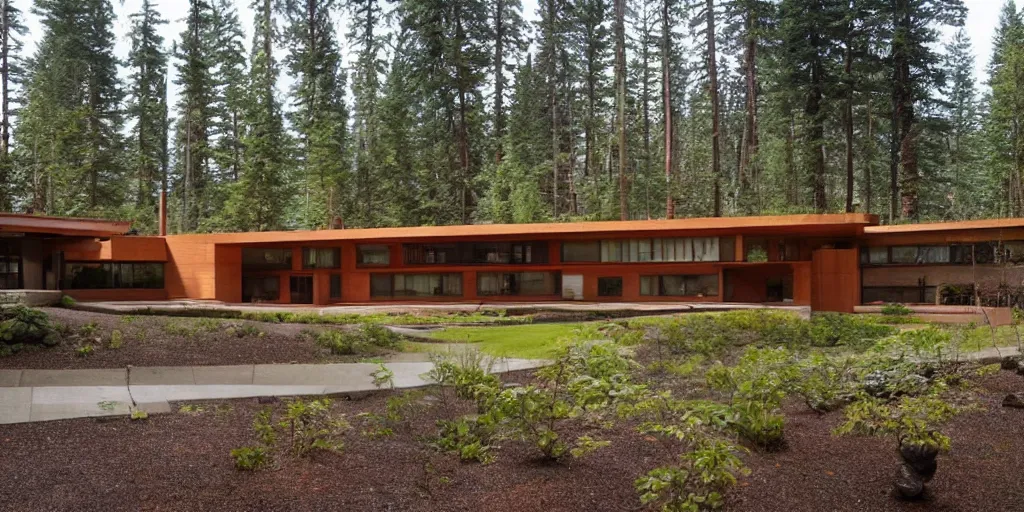 Prompt: very large modern lodge residence, pacific northwest, concrete and cedar, many large windows, designed by frank lloyd wright
