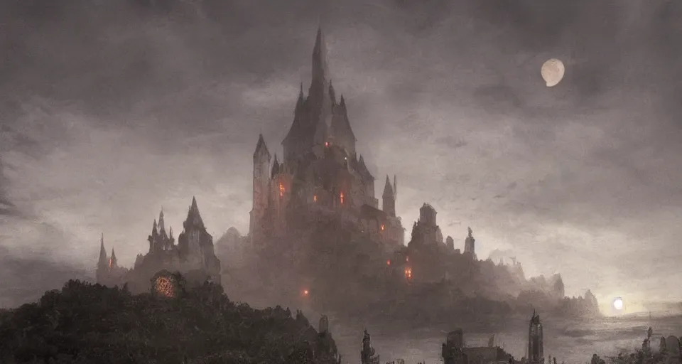 Prompt: an old castle rising up from the mist at night silhouetted by a single huge bloodmoon, anders zorn, stephen hickman, thomas kincade, brutalist, James Paick, Julian Falat, ultra realistic, trending on artstation, lava, dungeons and dragons, warm saturated colors, spooky, haunted