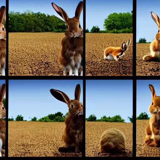 Prompt: a video of a rabbit jumping up over a fence, shown as a film strip showing 9 stills in a grid