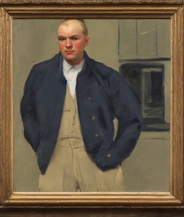 Image similar to a very detailed portrait of a man, wearing an open military jacket, frontal view, in the style of edward hopper and oswald hornby joseph birley, very small brushstrokes, 4 k,