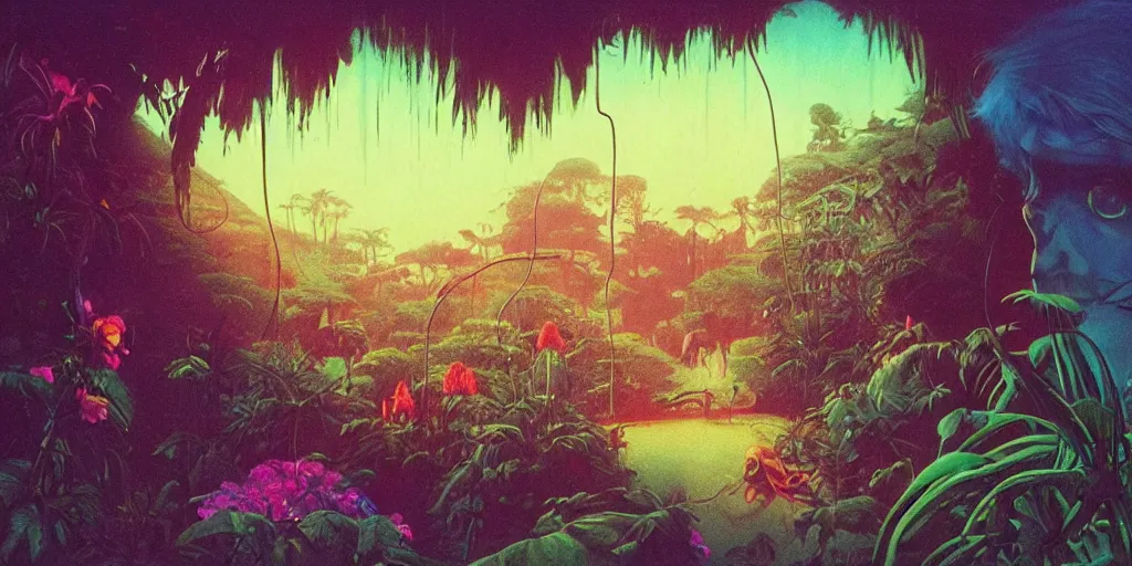 Prompt: 70s jungle with big wild flowers windows, figures, soft neon lights, bright colors, cinematic, cyberpunk, smooth, chrome, lofi, nebula, calming, dramatic, fantasy, by Moebius, by zdzisław beksiński, fantasy LUT, studio ghibli, high contrast, epic composition, sci-fi, dreamlike, surreal, angelic, 8k, unreal engine, hyper realistic, fantasy concept art, XF IQ4, 150MP, 50mm, F1.4, ISO 200, 1/160s, natural light, Adobe Lightroom, photolab, Affinity Photo, PhotoDirector 365