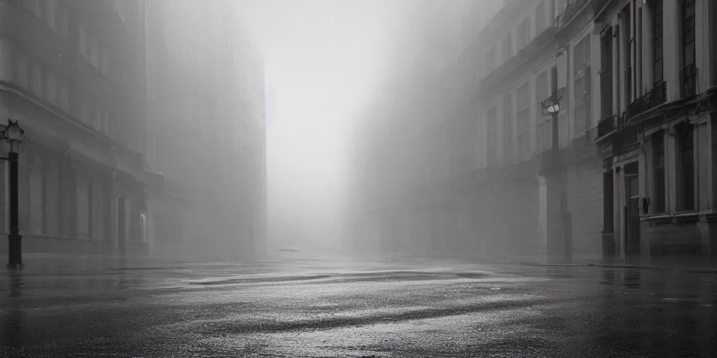 Image similar to parked car on deserted london street 1960, fog, rain, volumetric lighting, beautiful, golden hour, sharp focus, ultra detailed, cgsociety