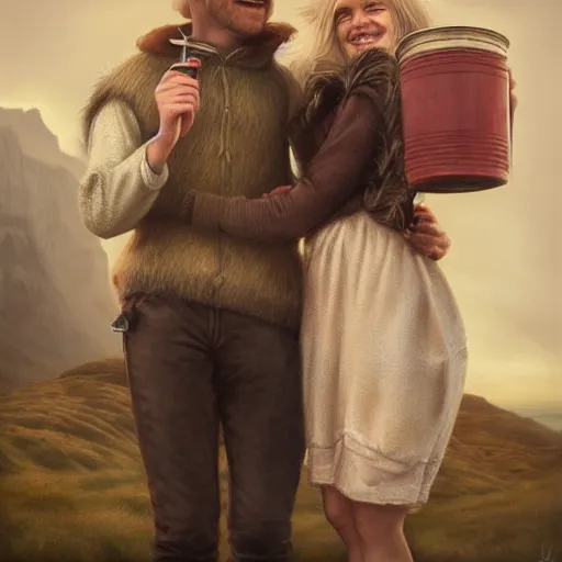 Image similar to a highly detailed portrait of a young couple from the side, holding a tin can, renote icelandic village, summer, blonde hair, muted colors, joy, by tom bagshaw, trending on artstation,