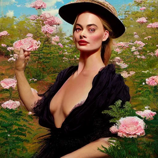 Image similar to happy very thick paint brush strokes paint texture full body fashion model margot robbie by Jeremy Lipking by Hasui Kawase by Richard Schmid (((smokey eyes makeup eye shadow fantasy, glow, shimmer as victorian woman in a long white frilly lace dress and a large white hat having tea in a sunroom filled with flowers, roses and lush fern flowers ,intricate, night, highly detailed, dramatic lighting))) , high quality