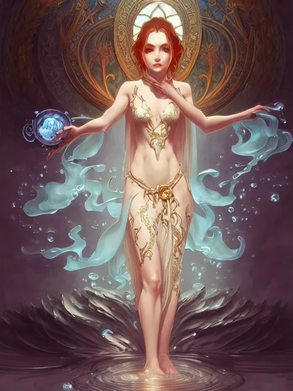 Prompt: summoner wearing robes with a cute water elemental, fantasy, intricate, elegant, highly detailed, digital painting, artstation, concept art, wallpaper, smooth, sharp focus, illustration, art by artgerm and greg rutkowski and alphonse mucha