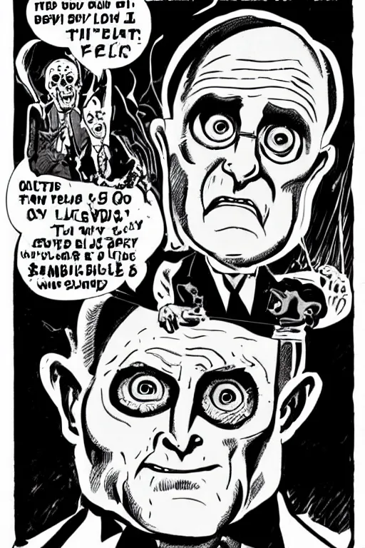 Image similar to Rudy Giuliani as a zombie, illustrated in the style of a 1950’s comic book