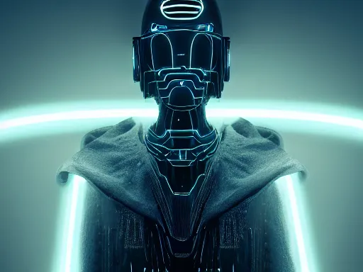 Image similar to a gray faceless figure, ascended, robot wizard, NPC with a saint\'s halo, saintly halo behind their head made of neon filigree, consulting the cyber oracle of all knowledge, at the end of time, in an esoteric ritual exchange of physical code, 8k, 4k, unreal 5, DAZ, trending on artstation, octane render, abstract painting, bright blue future