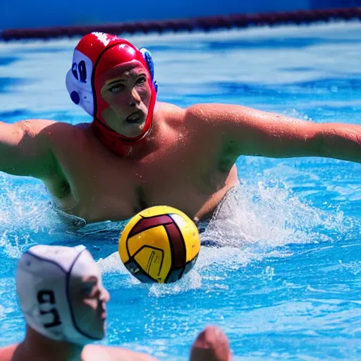 Image similar to a water polo goalkeeper stopping a ball thrown by a silverback gorilla