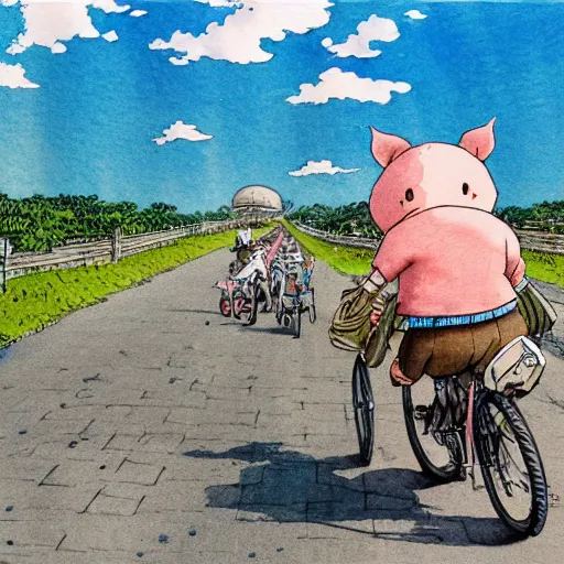 Image similar to a pig riding a bicycle on the road by the seaport,detailed watercolor pen ink illustration by Hayao Miyazaki, key visual official media