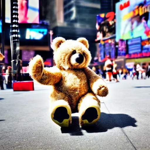 Prompt: teddy bear skateboarding in time square, bokeh, hyper realistic, street photography