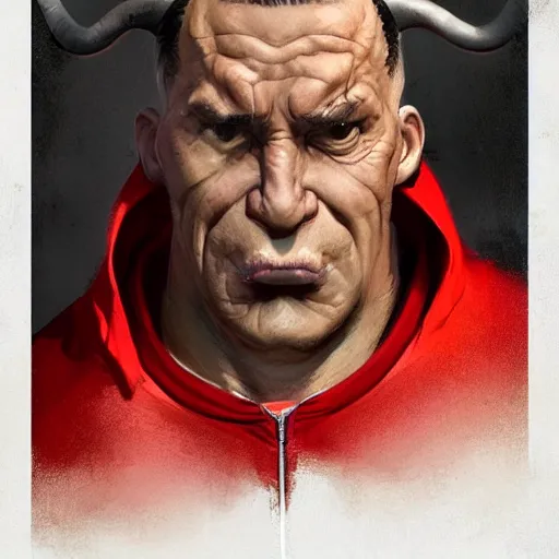 Image similar to a award winnimg commission portrait of a fit anthro bull wearimg a red tracksuit,digital art,art by greg rutkowski,character design by charles bowater,professional character design,ross tran,artstation,deviantart,photorealistic,detailed face,hyperdetailed,4k