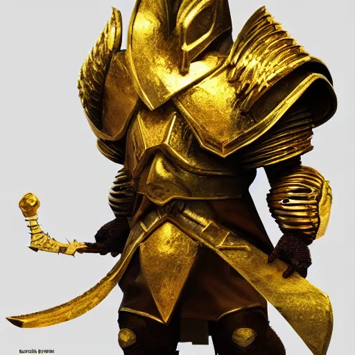 Prompt: 3d render of a character concept of a goldskull headed gold knight hemet, hyper realistic, unreal, craig mullins, alex boyd, lord of the rings, game of thrones, dark souls, artstation, warhammer, unreal