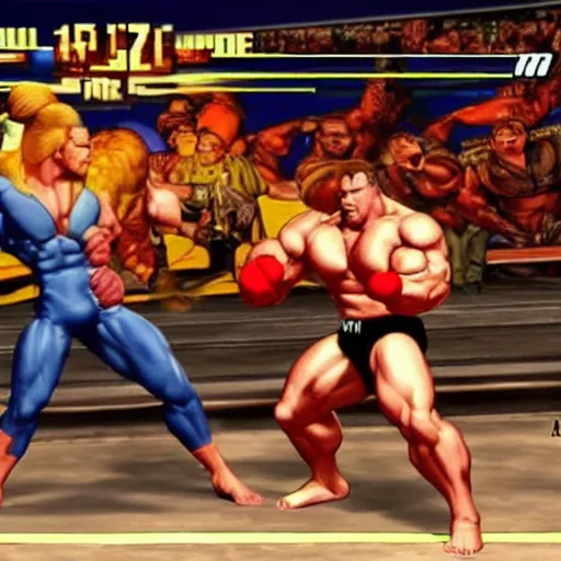 Prompt: arnold schwarzenegger fighting in street fighter's 4 for playstation 5