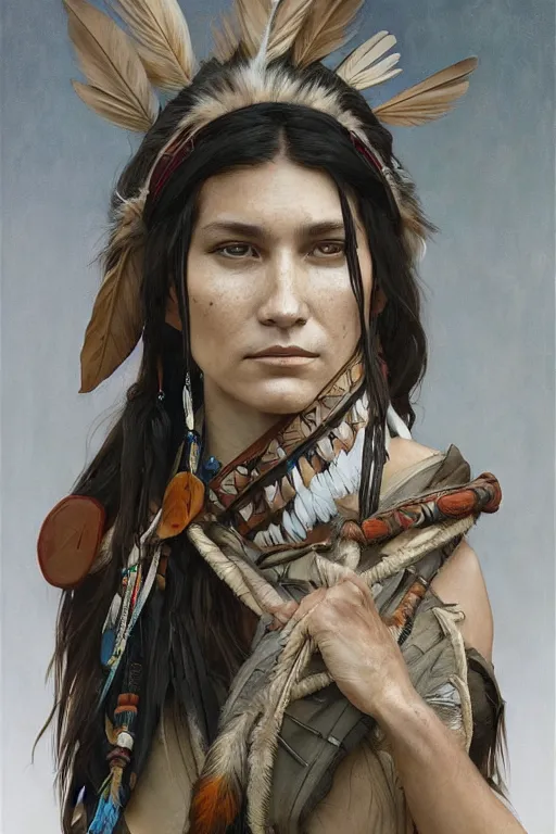 Image similar to A full portrait of a native american scout, intricate, elegant, highly detailed, digital painting, artstation, concept art, smooth, sharp focus, illustration, art by Krenz Cushart and Artem Demura and alphonse mucha