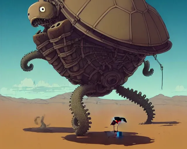 Image similar to a cell shaded cartoon giant lovecraftian mechanized turtle from howl's moving castle ( 2 0 0 4 ), on a desert road, full body, illustration, wide shot, very subtle colors, post grunge, concept art by josan gonzales, wlop, by james jean, victo ngai, trending on artstation, hq, deviantart, art by artgem