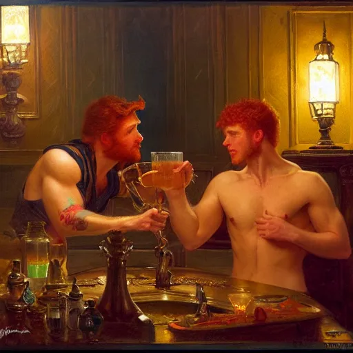 Image similar to attractive male mike with ginger hair and attractive male tyler with brunet hair, drinking their hearts out, in their noble mansion, at night. highly detailed painting by gaston bussiere, craig mullins, donato giancola, j. c. leyendecker 8 k