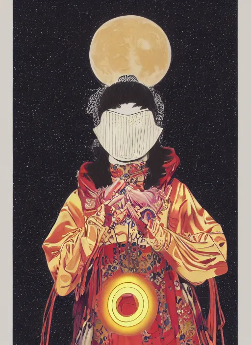 Image similar to portrait of a woman with a mask on his face in the form of a spiral in a golden kimono, full face, against the background of a bright red moon, sad motif, by hisashi eguchi, kentaro miura, and yoshitaka amano, soft colors, futuristic, 8 k