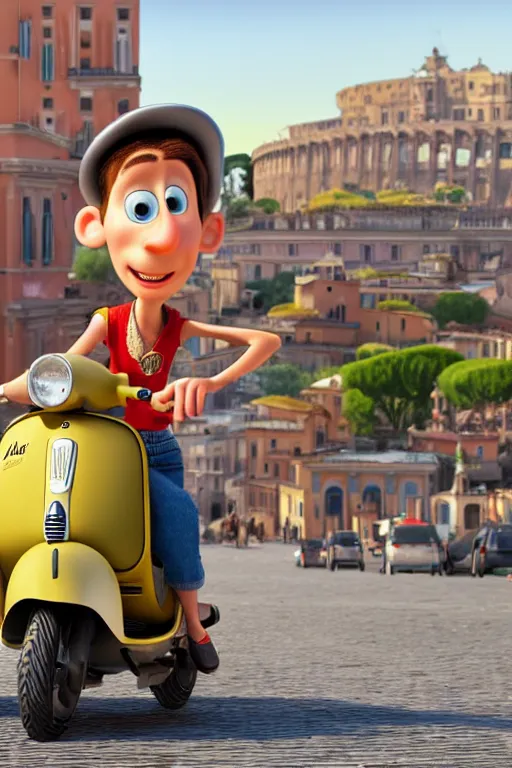 Prompt: portrait of young italian in front of a vespa and rome in background, full body. pixar disney 4 k 3 d render funny animation movie oscar winning trending on artstation and behance, ratatouille style