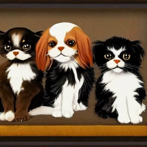 Image similar to one Cavalier King Charles Spaniel and two ragdoll kittens and one black cat drinking beer in the style of norman rockwell